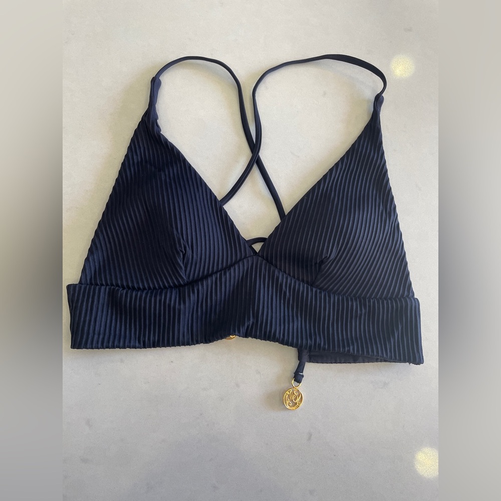 Luli Fama Black Ribbed Triangle Bikini Top & Crisscross Back & Gold Charm NWOT S